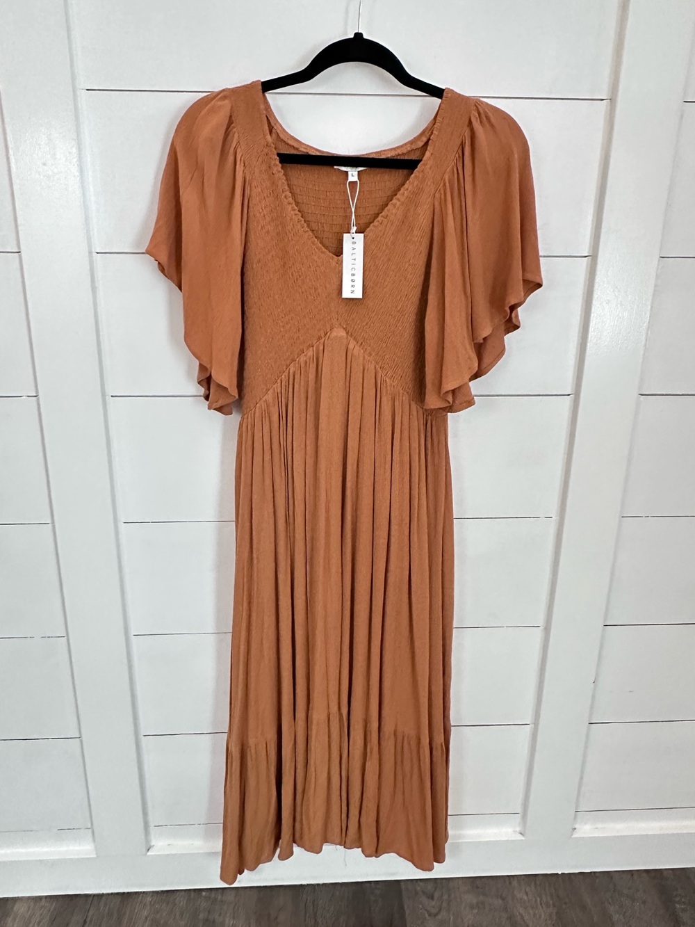 NEW L Baltic Born Felicity smocked flounce sleeve halter chest Carmel midi dress - Picture 2 of 16